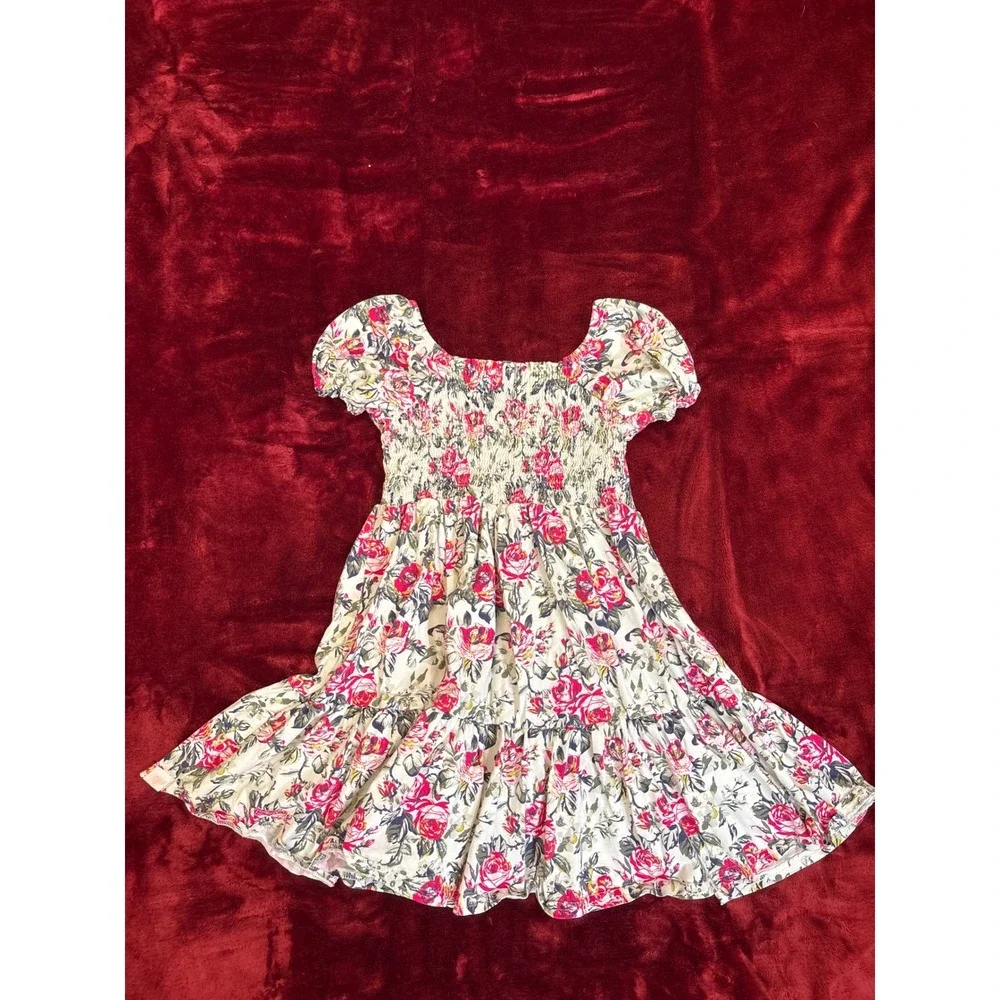 SweetHoney Girls Pink Rose Floral Smocked Puff Sleeve Tiered Cotton Dress 10Y